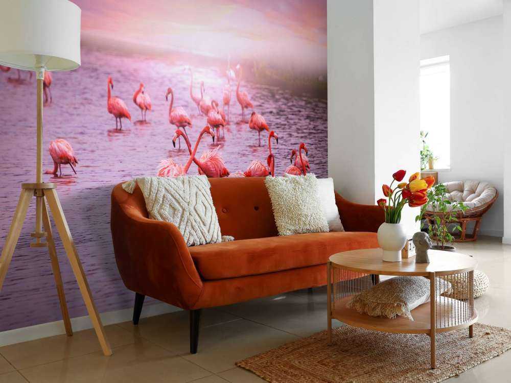 Flamingi na tle zachodzącego słońca