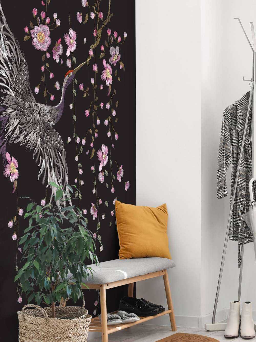 Żurawie z różowymi kwiatami