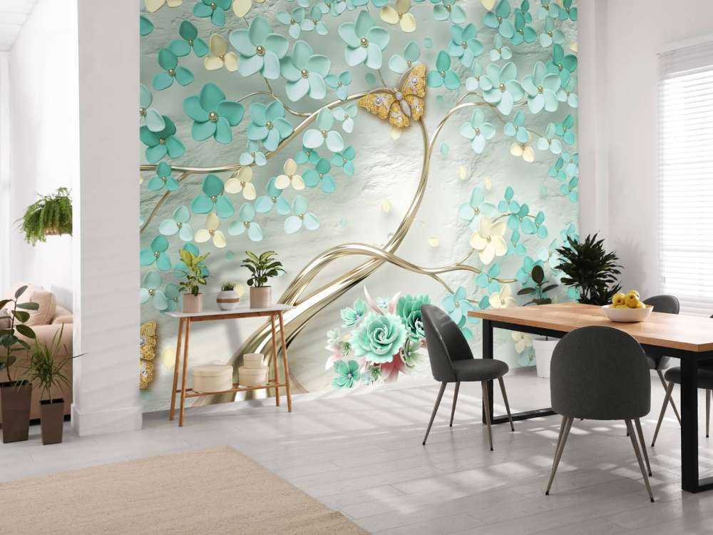 Złote drzewo fantasy z zielonymi kwiatami