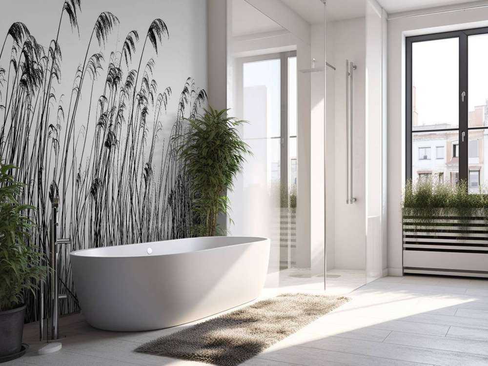 Trzcina wzdłuż nabrzeża w czerni i bieli