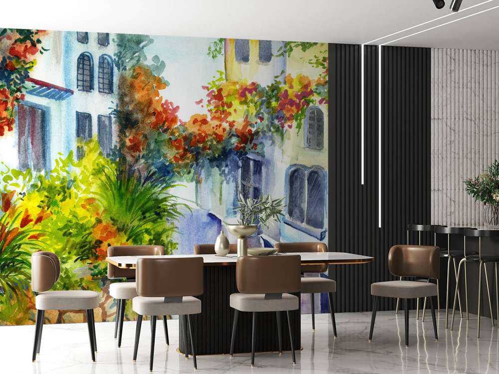 Akwarelowe kwiaty i budynki