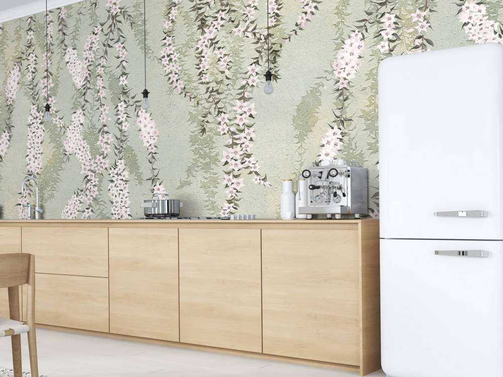 Gałęzie kwiatów na zielonym betonie