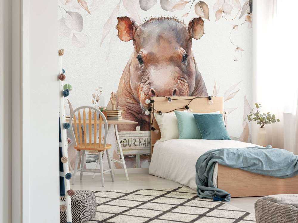 Mały hipopotam w liściach w kolorze beżowym