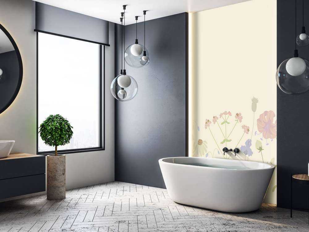 Pole kwiatów beżowych, starych różowych, zielonych i liliowych