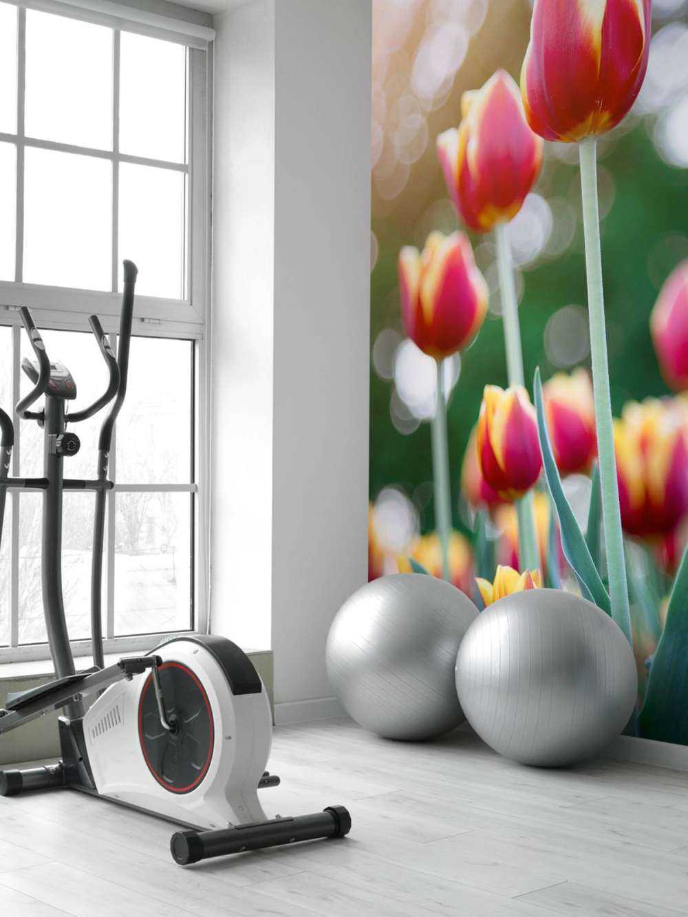 Czerwony z żółtymi tulipanami