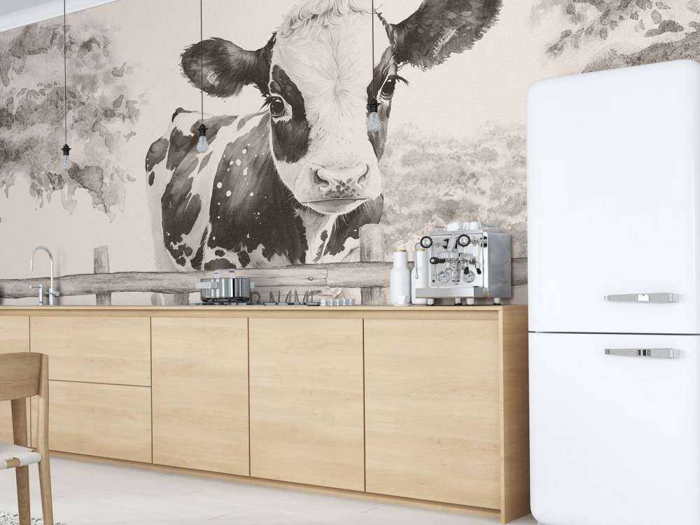 Mała krowa na łące beżowy