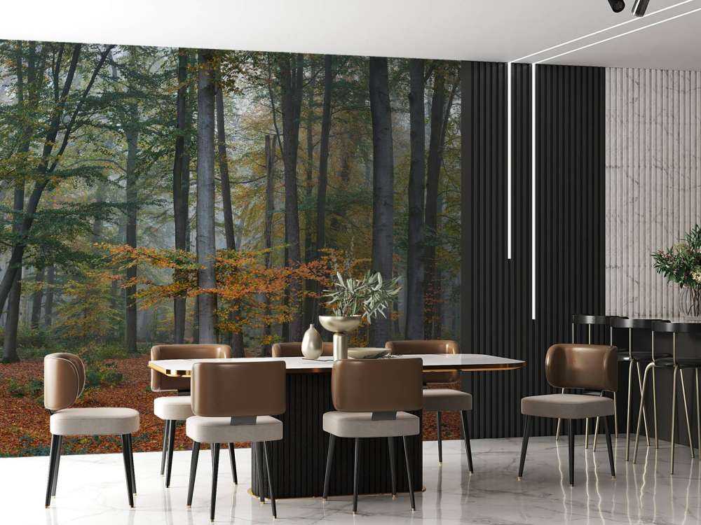 Jesienne kolory w zamglonym lesie