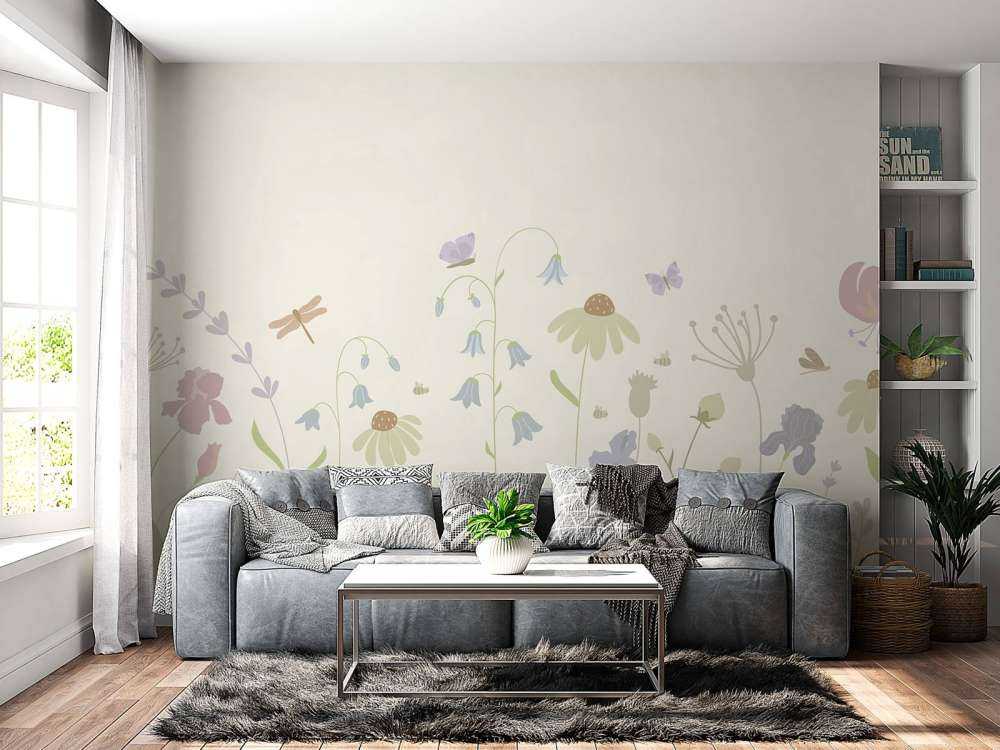 Wysokie pole kwiatowe z motylami beżowy, stary róż, zielony i liliowy