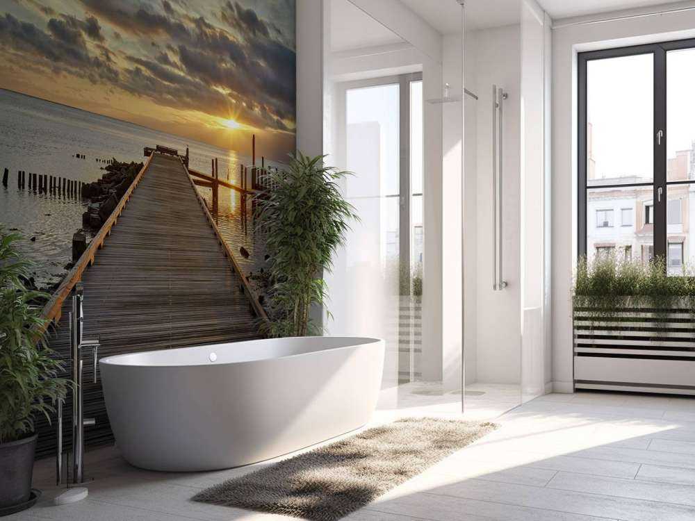 Drewniane molo na tle wschodu słońca