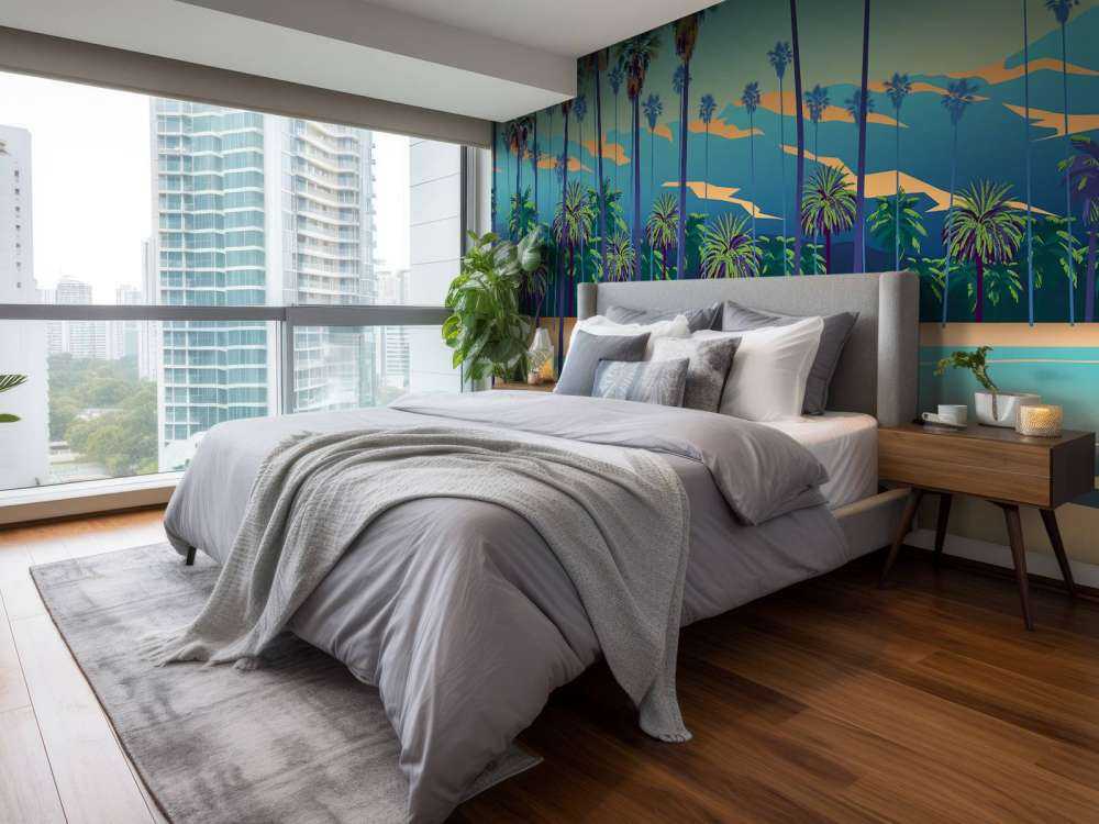 Narysowane jezioro z palmami