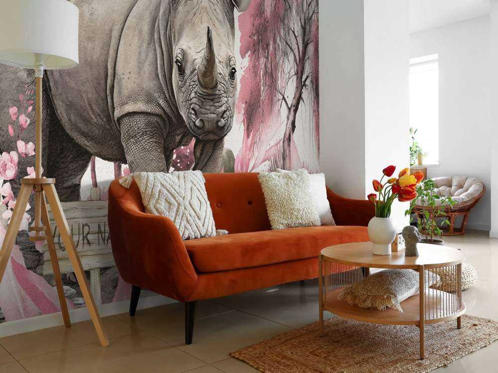 Mały nosorożec na sawannie w kolorze różowym