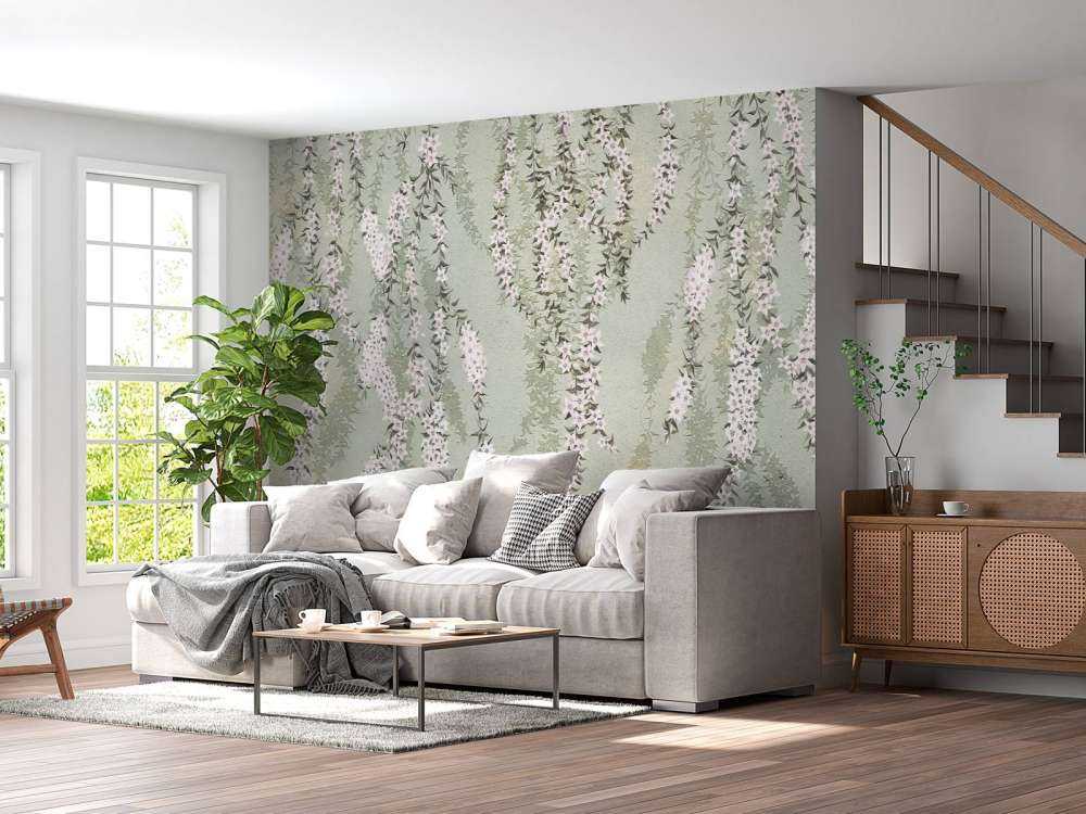 Gałęzie kwiatów na zielonym betonie