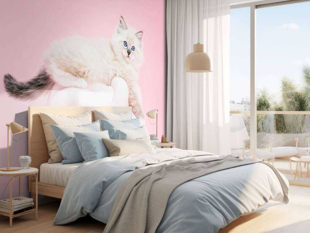 Biały kot na różowym tle