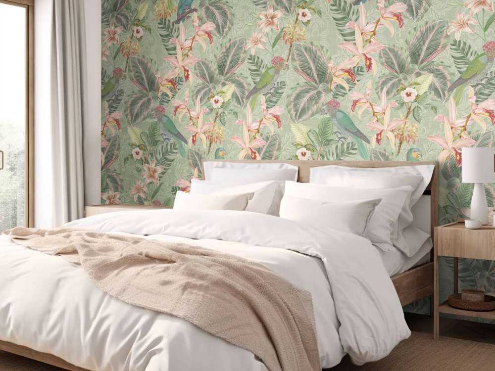 Ptaki i papugi tropikalnej dżungli - szałwiowa zieleń