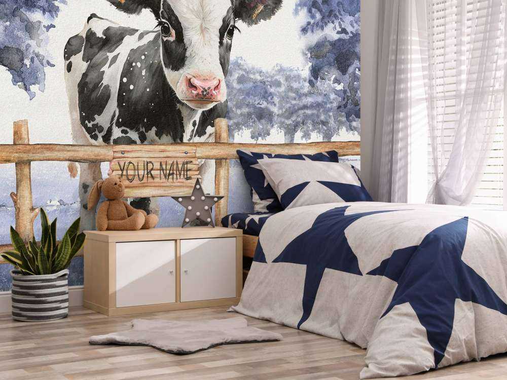 Młoda krowa na łące w kolorze niebieskim