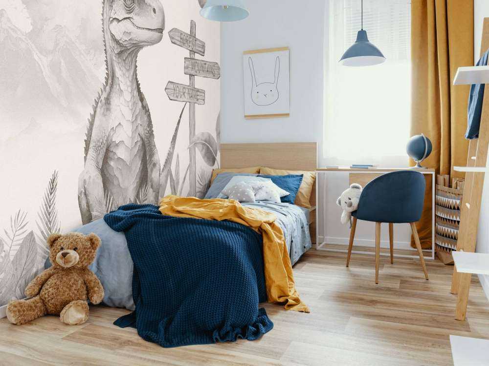 Młody velociraptor w beżowej dżungli