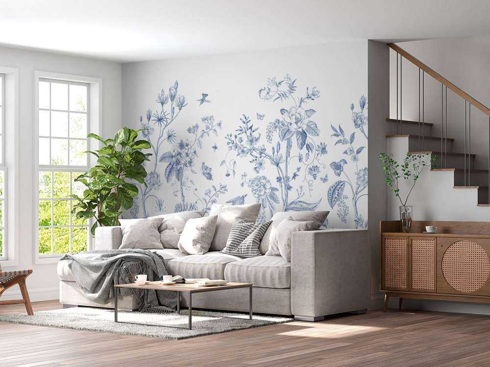 Ilustracja kwiatowa, niebieski i biały