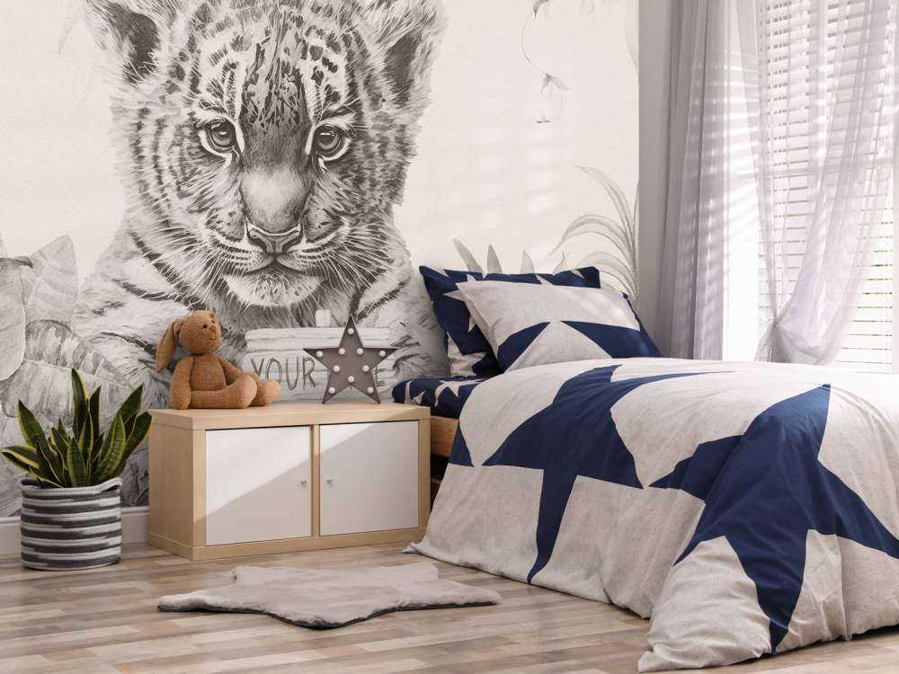 Śliczny tygrys z roślinami beżowy