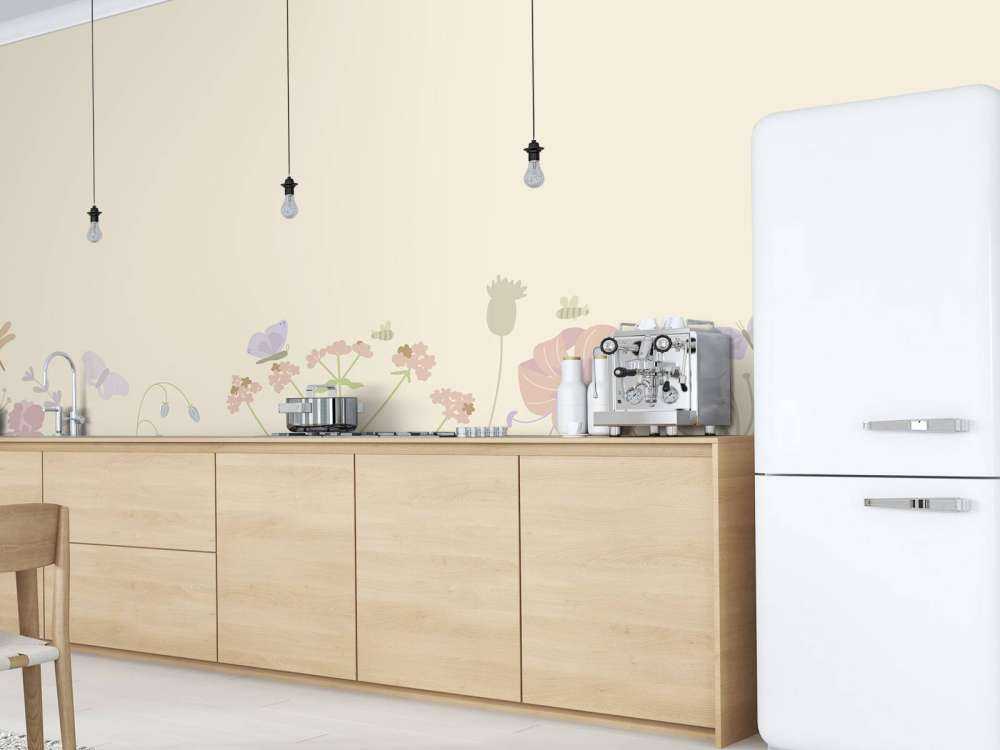 Pole kwiatów z motylami beżowy, stary różowy, zielony i liliowy