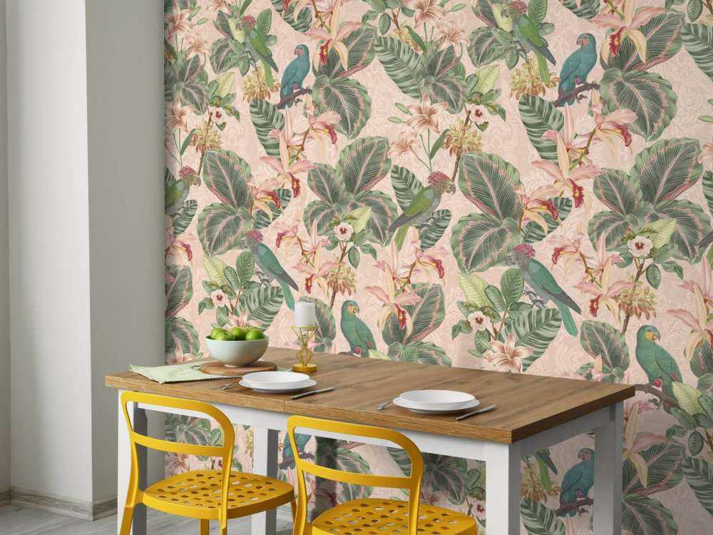 Ptaki i papugi tropikalnej dżungli - delikatny róż