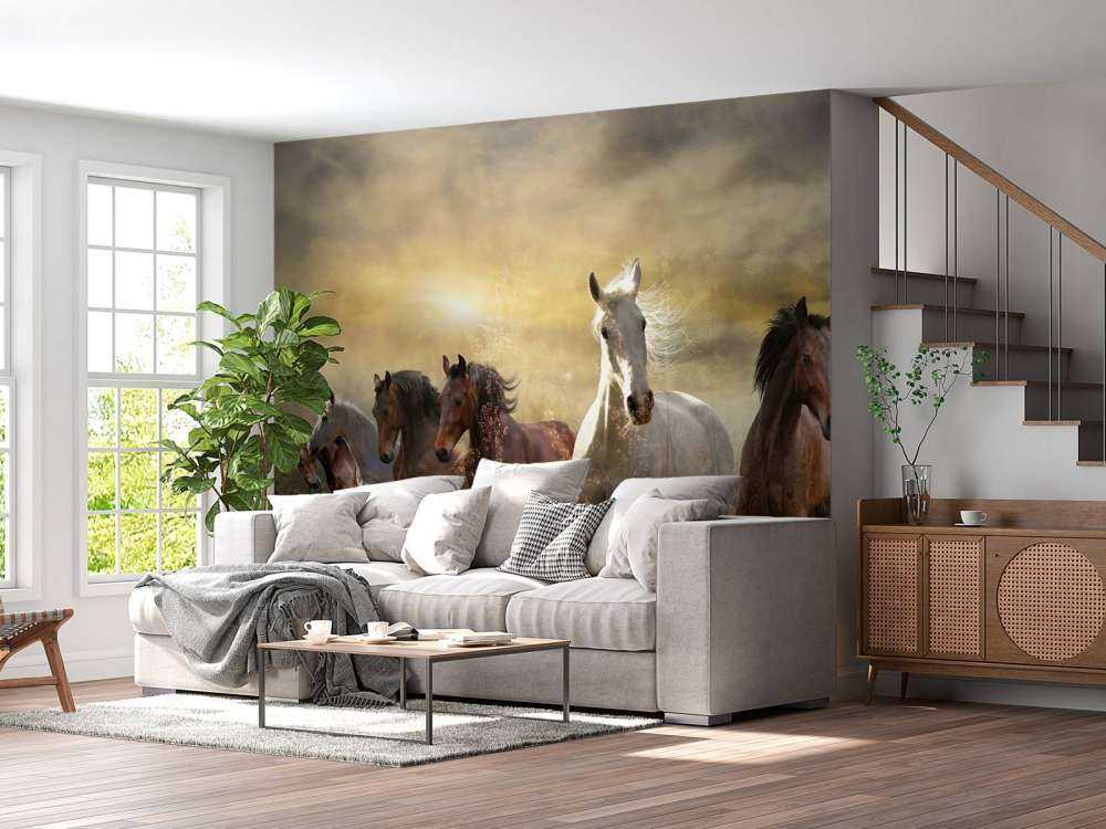 Konie galopujące o zachodzie słońca