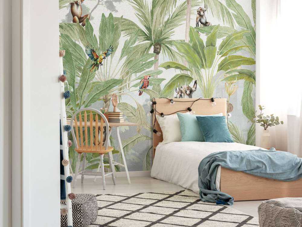 Dżungla z małpami i papugami w kolorze