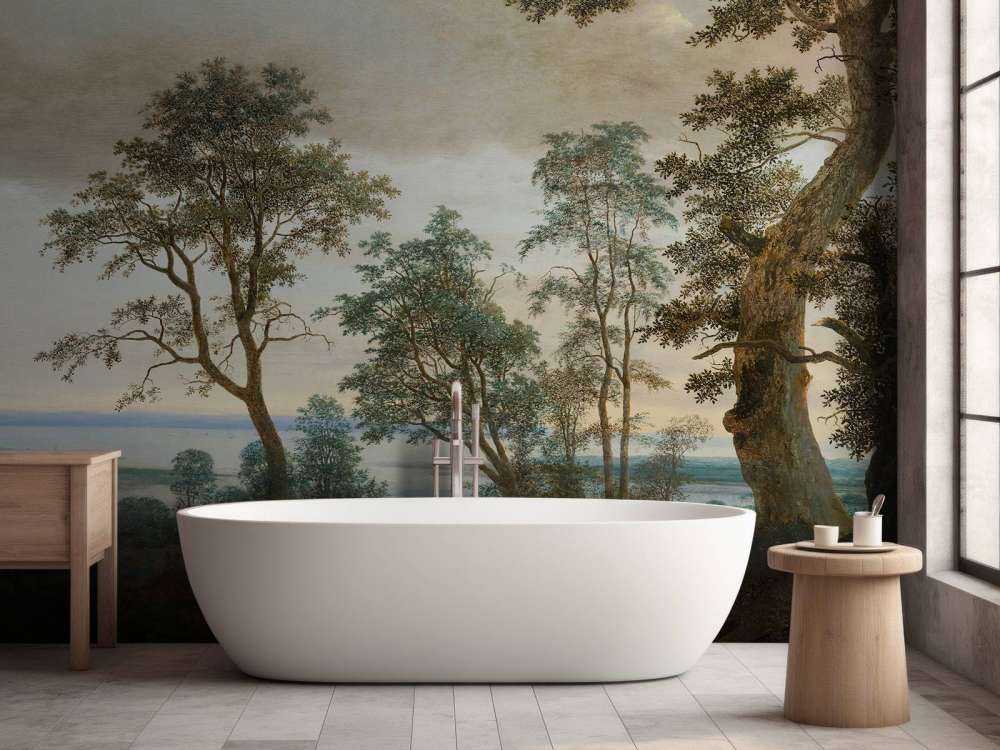 Krajobraz rzeczny widziany przez drzewa