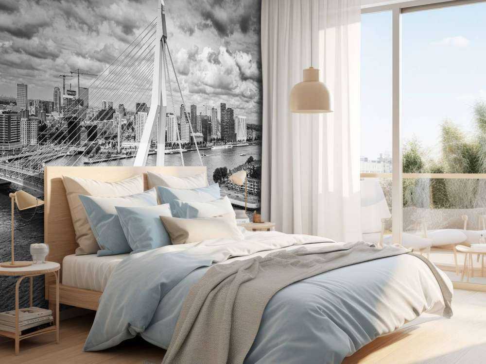 Centrum Rotterdamu z dużej wysokości w czerni i bieli 