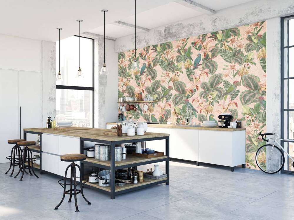 Ptaki i papugi tropikalnej dżungli - delikatny róż