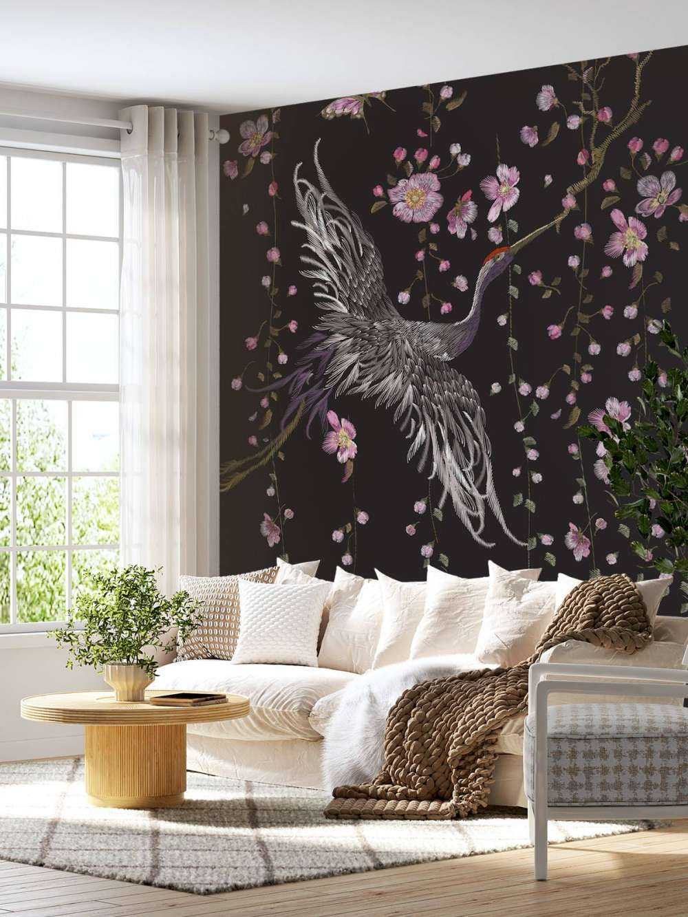 Żurawie z różowymi kwiatami