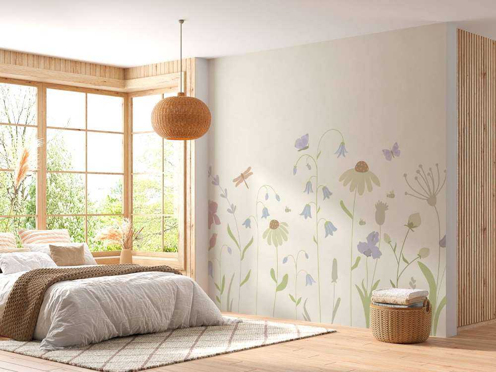 Wysokie pole kwiatowe z motylami beżowy, stary róż, zielony i liliowy