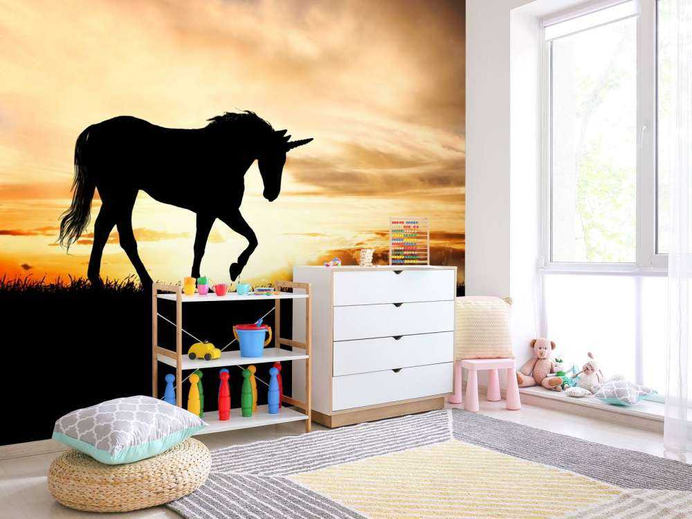 Sylwetka jednorożca przy zachodzie słońca