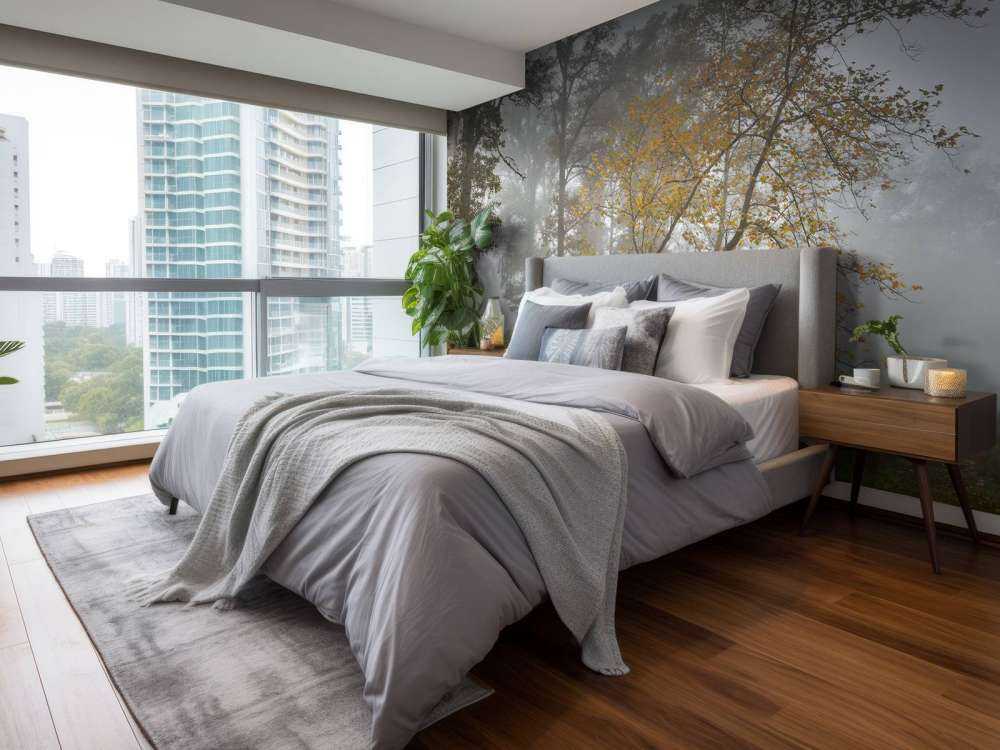 Pole trawiaste z drzewami i mgłą