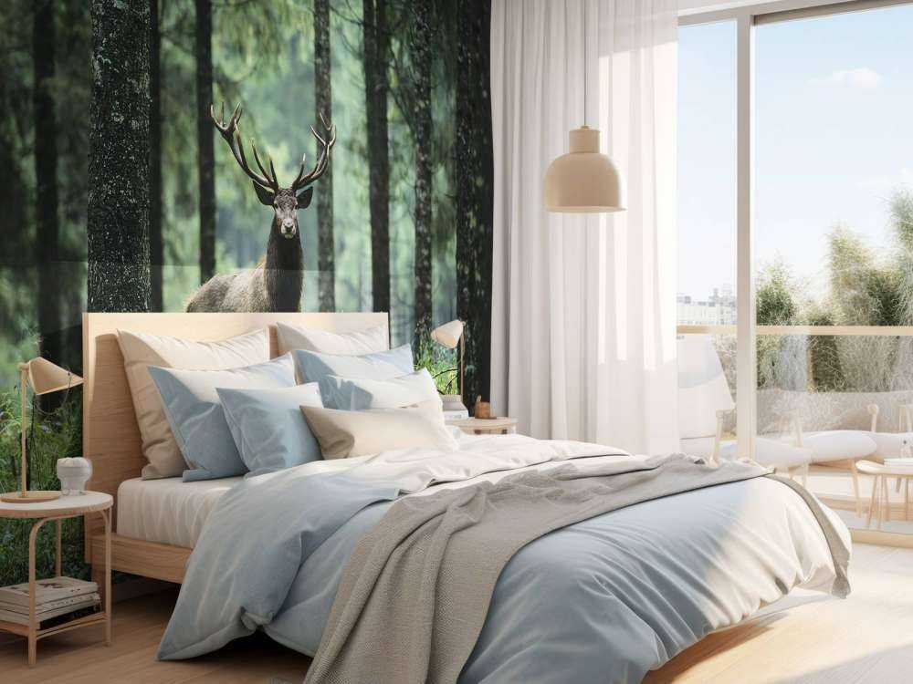 Duży jeleń między drzewami