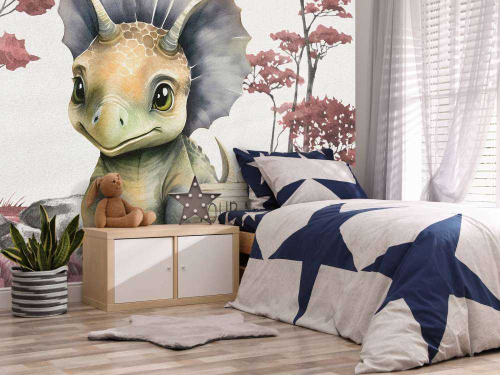 Młody triceratops w różowej dżungli