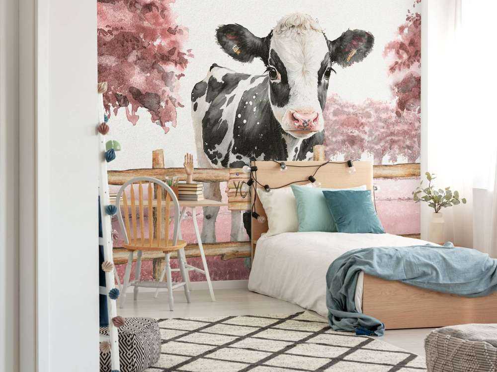 Młoda krowa na łące różowa