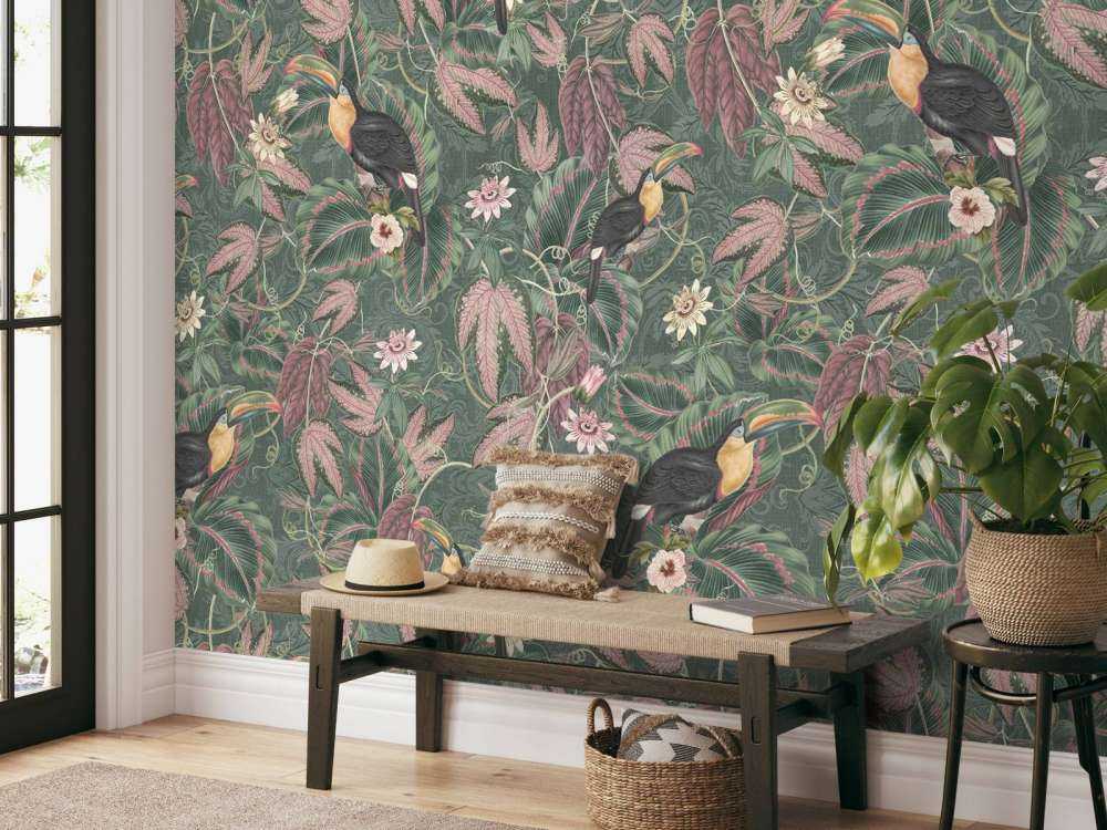 Ptaki i tukany z tropikalnej dżungli - ciemnozielony