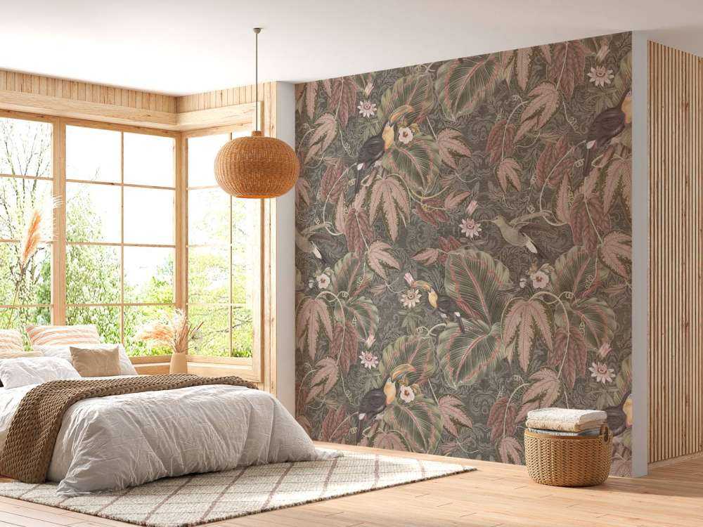 Tropikalne ptaki i tukany z dżungli - zielony vintage