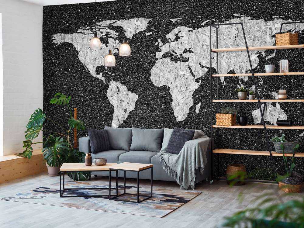 Biała mapa świata na czarnym tle