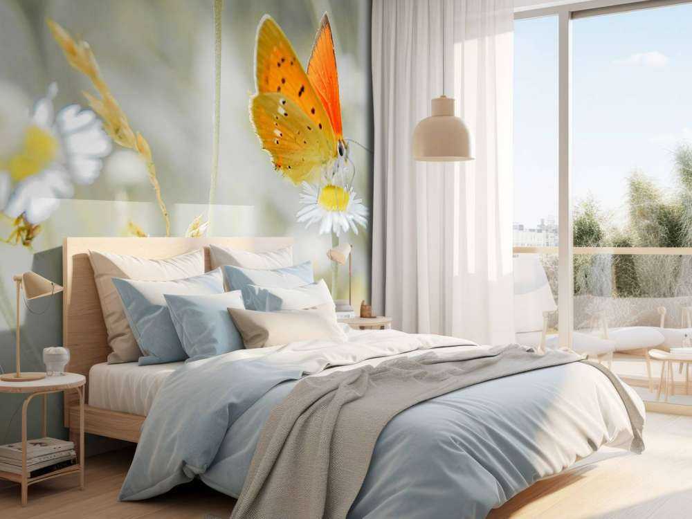 Stokrotki i pomarańczowy motyl