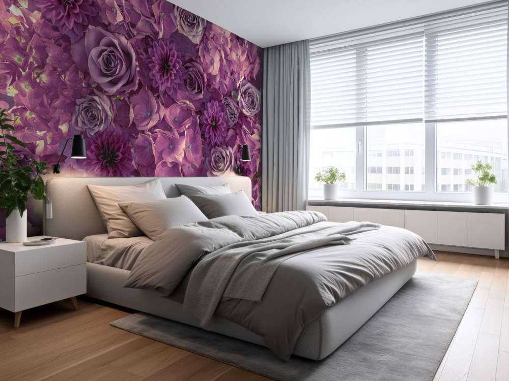 Fioletowe hortensje, róże i dalie