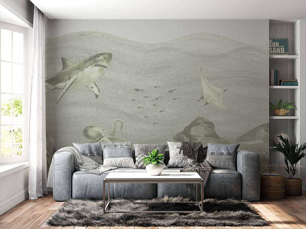 Podwodny świat z rekinami w kolorze zielonym