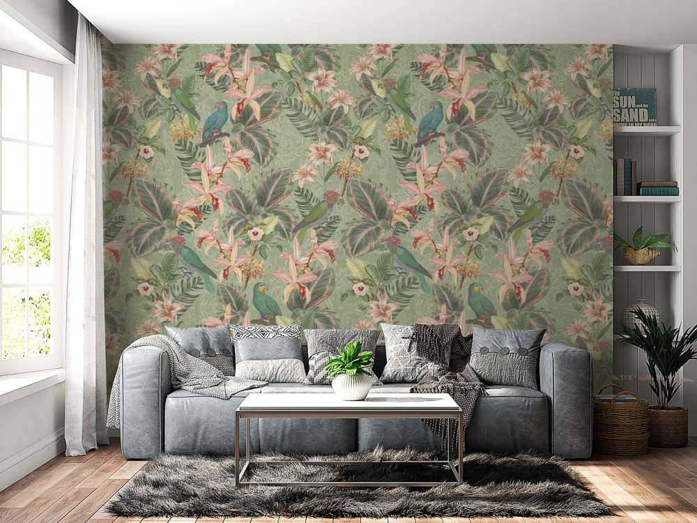 Ptaki i papugi tropikalnej dżungli - szałwiowa zieleń