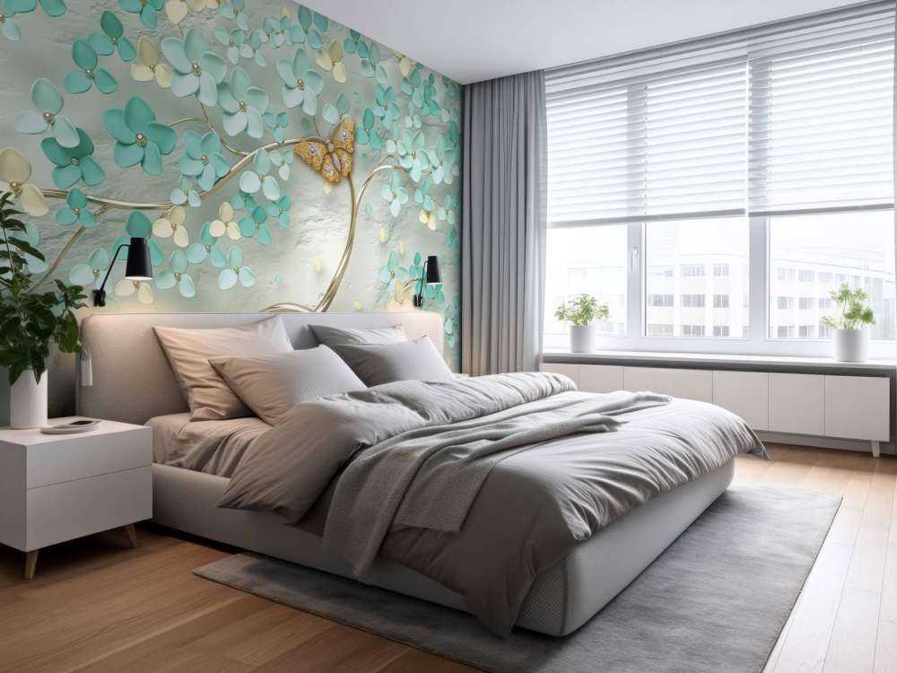 Złote drzewo fantasy z zielonymi kwiatami