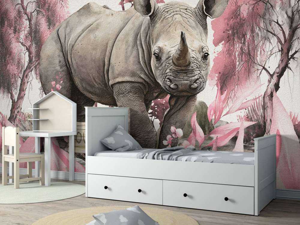 Mały nosorożec na sawannie w kolorze różowym