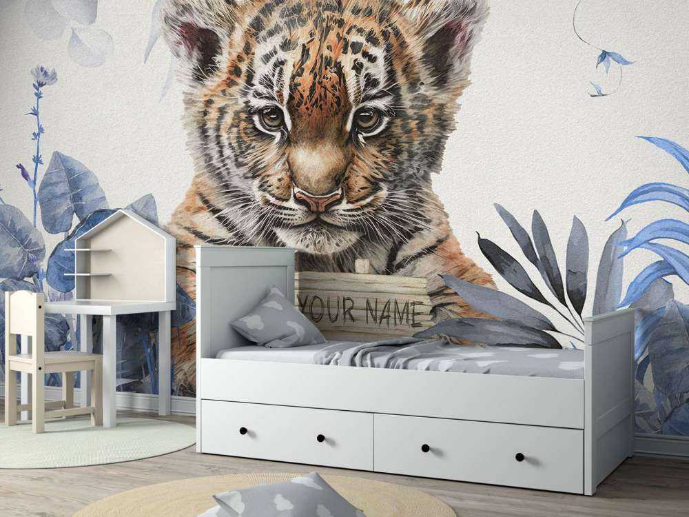 Śliczny tygrys z roślinami w kolorze niebieski