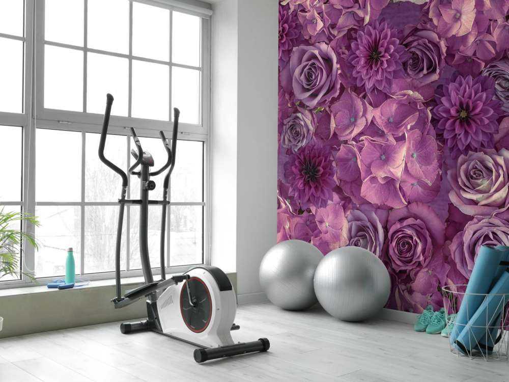 Fioletowe hortensje, róże i dalie