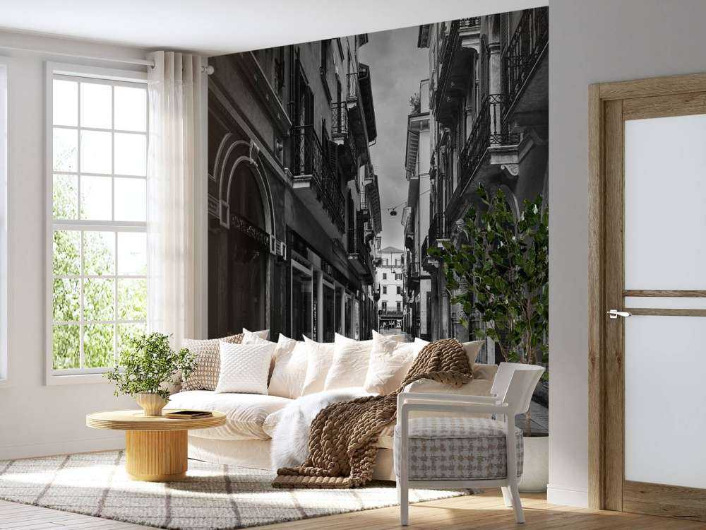 Ulica handlowa w czerni i bieli