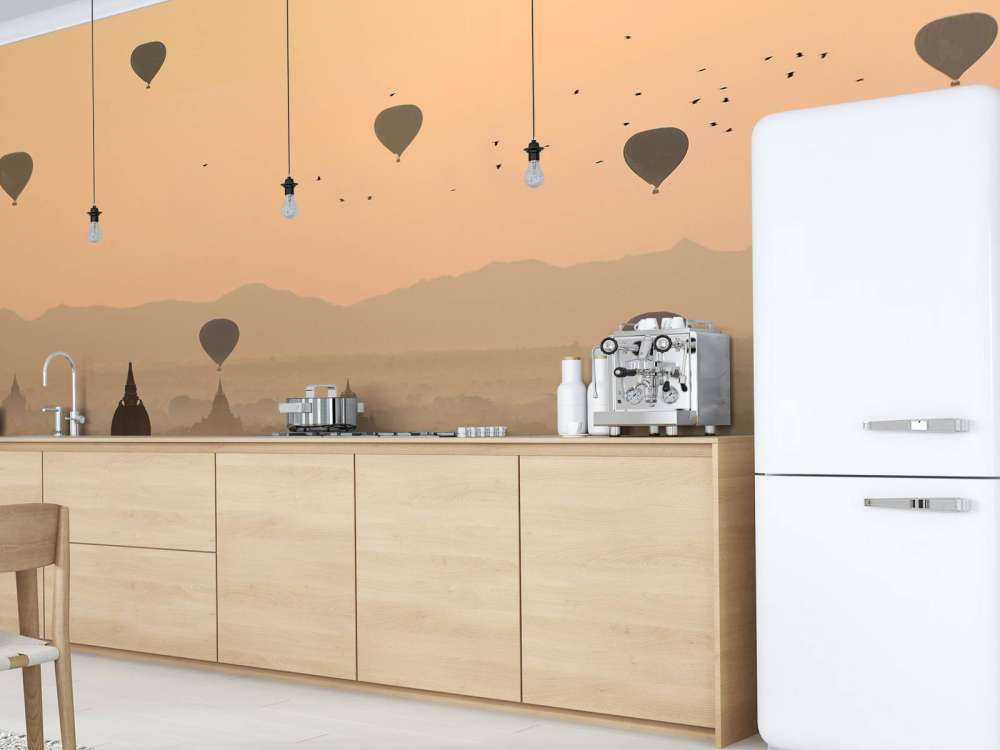 Bagan, balloons flying over ancient temples