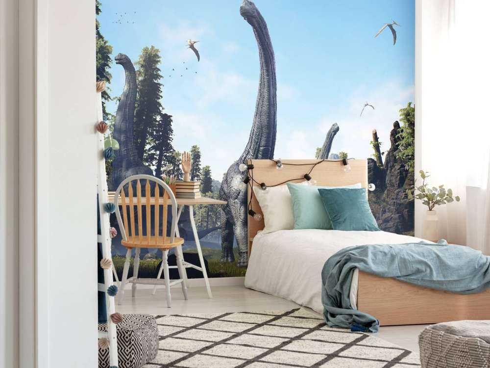 Grupa Alamosaurus idąca przez dolinę